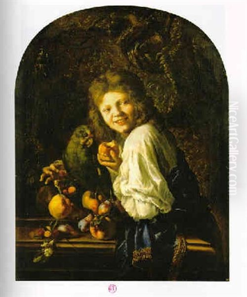 Ritratto Di Fanciullo Con Fragole, Fiori E Frutta, Pesche, Prugne E Un Pappagallo Verde Oil Painting by Mario Nuzzi Mario Dei Fiori