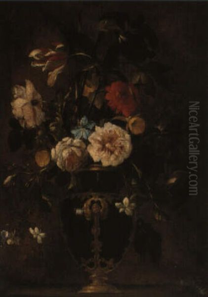 Still Life Of Flowers In A Sculpted Urn Oil Painting by Mario Nuzzi Mario Dei Fiori