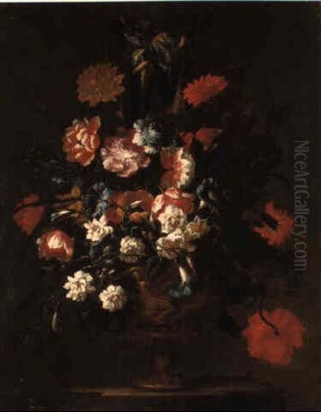 Poppies, Irises, Carnations And Other Flowers In A Terracotta Vase On A Ledge Oil Painting by Mario Nuzzi Mario Dei Fiori