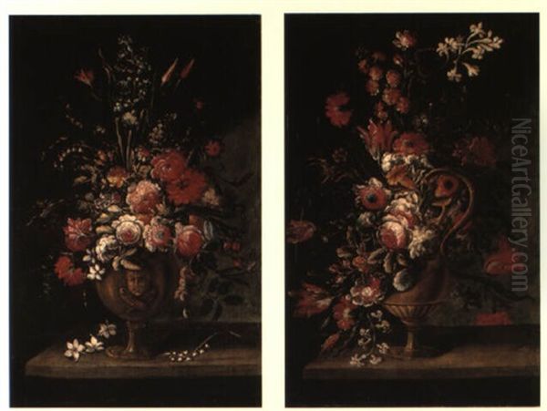 Carnations, Roses, Tulips And Other Flowers In An Urn On A Ledge Oil Painting by Mario Nuzzi Mario Dei Fiori