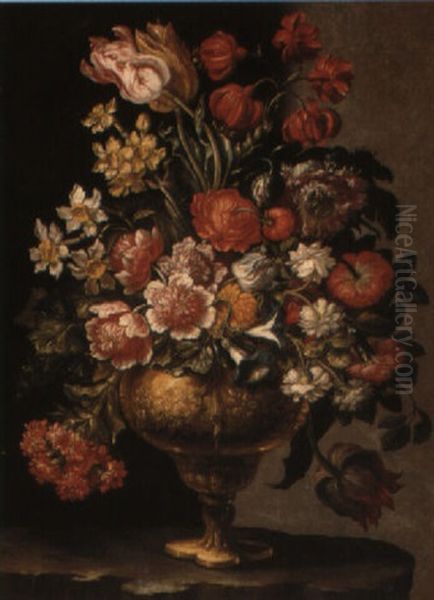 Still Life Of Flowers In A Vase On A Ledge Oil Painting by Mario Nuzzi Mario Dei Fiori