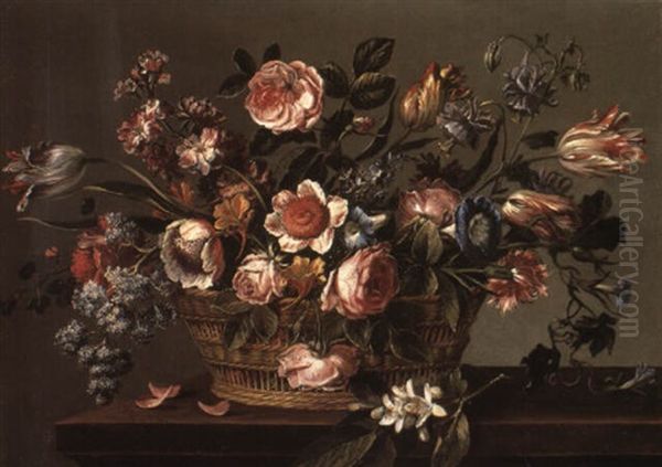 Still Life Of Roses And Other Flowers In A Basket On A Stone Ledge Oil Painting by Mario Nuzzi Mario Dei Fiori