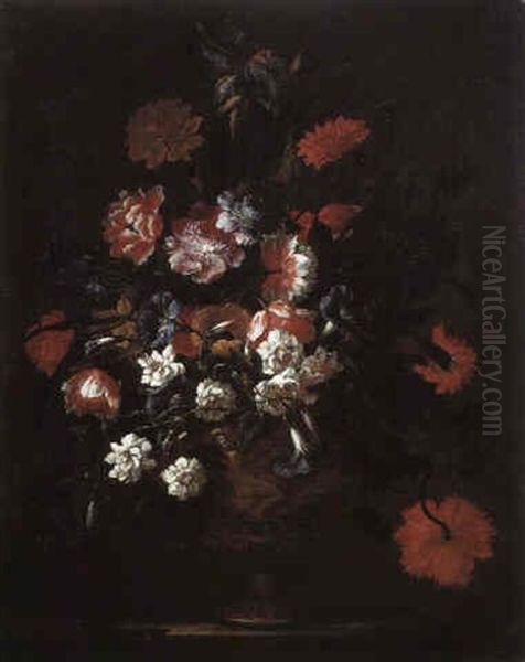 Poppies And Other Flowers In A Vase On A Stone Ledge Oil Painting by Mario Nuzzi Mario Dei Fiori
