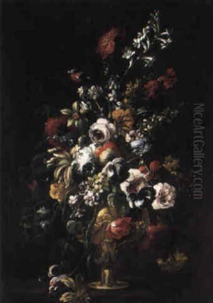 Flowers In Sculpted Urn On Ledge Oil Painting by Mario Nuzzi Mario Dei Fiori