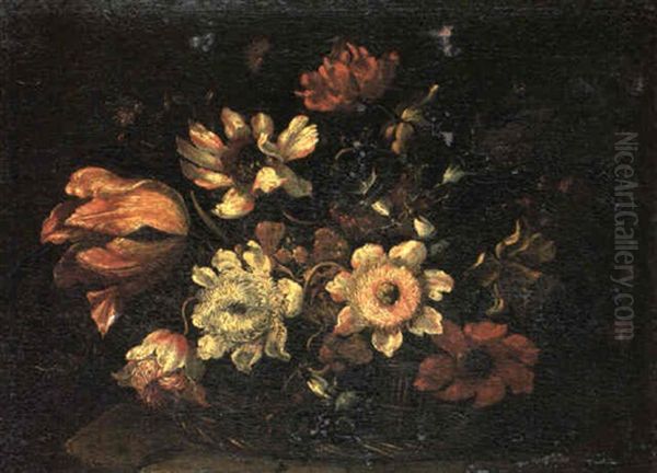 Still Life With Tulips, Anemones, Roses. . .in A Wicker Basket Oil Painting by Mario Nuzzi Mario Dei Fiori