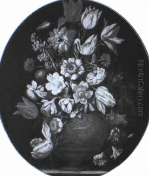 Still Life Of Flowers In Carved Urn On Stone Ledge Oil Painting by Mario Nuzzi Mario Dei Fiori