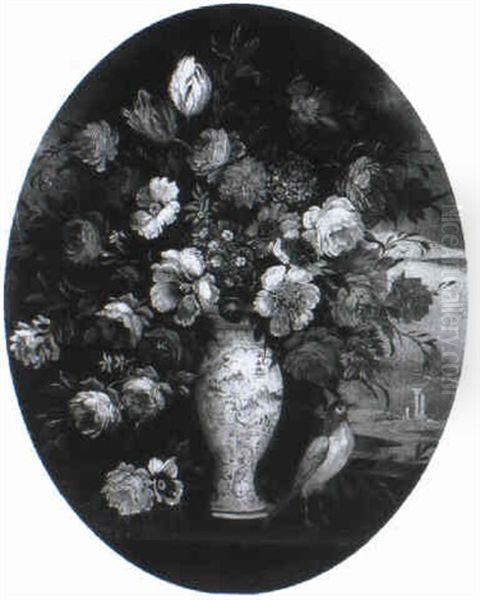 Carnations, Tulips And Other Flowers In A Vase On On A Ledge With A Bird Oil Painting by Mario Nuzzi Mario Dei Fiori