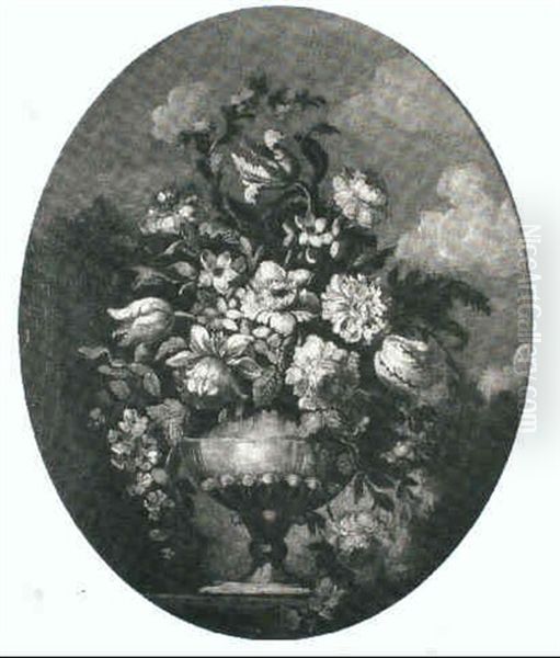 Peonies, Tulips, Daffodils And Other Flowers In An Urn On A Ledge Oil Painting by Mario Nuzzi Mario Dei Fiori