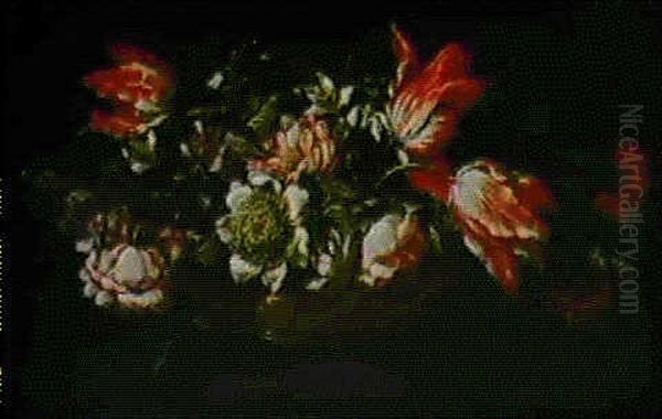 Corbeille De Fleurs Sur Un Tapis Bleu Oil Painting by Mario Nuzzi Mario Dei Fiori