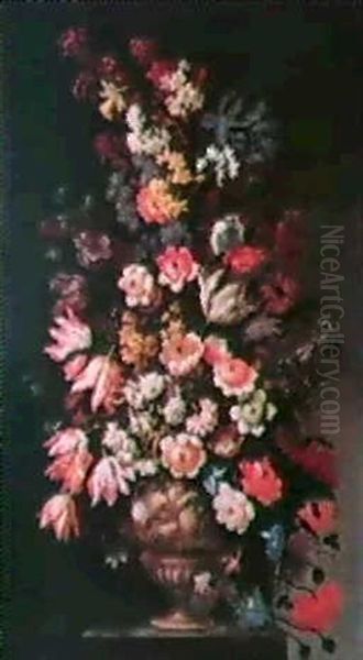Bouquet De Fleurs Dans Un Vase Sculpte, Pose Sur Un         Entablement Oil Painting by Mario Nuzzi Mario Dei Fiori