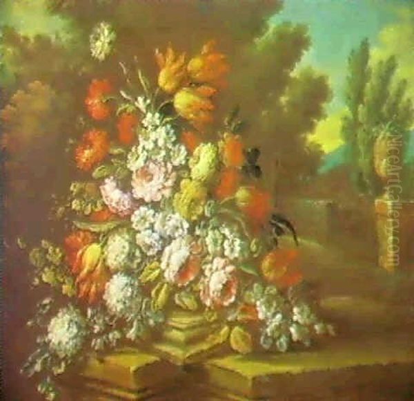 Tulips, Peonies And Other Spring Flowers On                 A Ledge, A View To A Garden Beyond Oil Painting by Mario Nuzzi Mario Dei Fiori