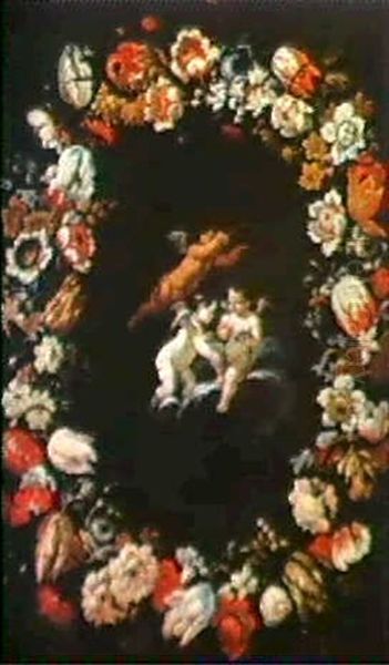 Ghirlanda Di Fiori, Al Centro, Tre Amorini Oil Painting by Mario Nuzzi Mario Dei Fiori