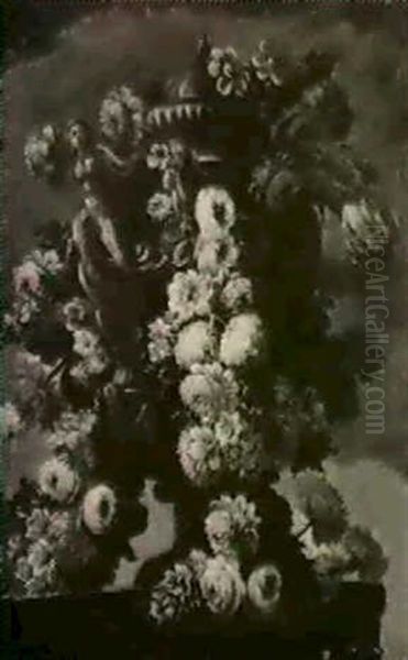 Still Life Of Flowers Encircling A Sculpted Urn Resting On  A Ledge Oil Painting by Mario Nuzzi Mario Dei Fiori