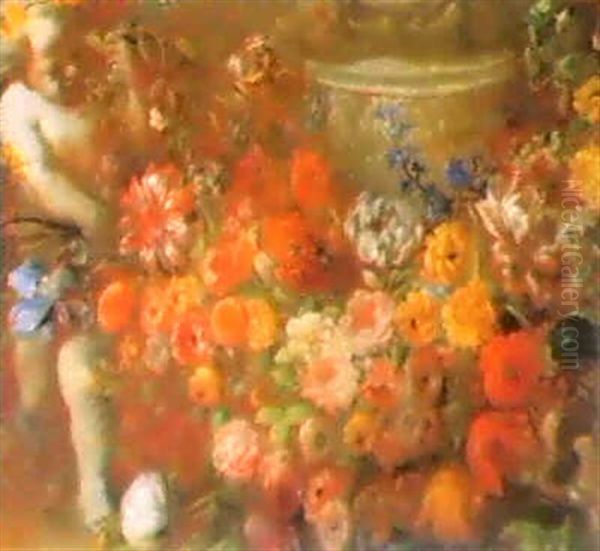 Natura Morta Di Fiori Con Putto A Sinistra E Vaso A         Destra Oil Painting by Mario Nuzzi Mario Dei Fiori