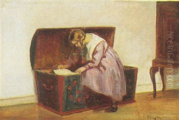 Interior Med Pige Siddende Pa En Kiste Oil Painting by Poul Friis Nybo