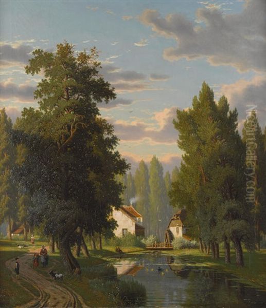 A Stroll Along The Canal Oil Painting by Eliza Agnetus Emilius Nyhoff
