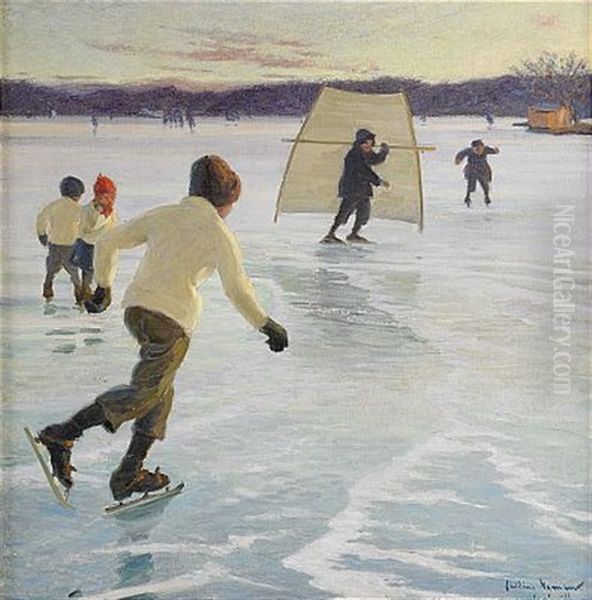 Ute Pa Isen Oil Painting by Hilding Nyman