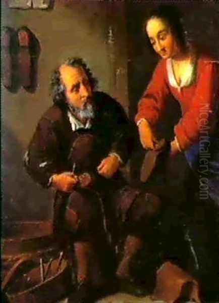 Der Besuch Beim Schuhmacher Oil Painting by Justus van den Nypoort