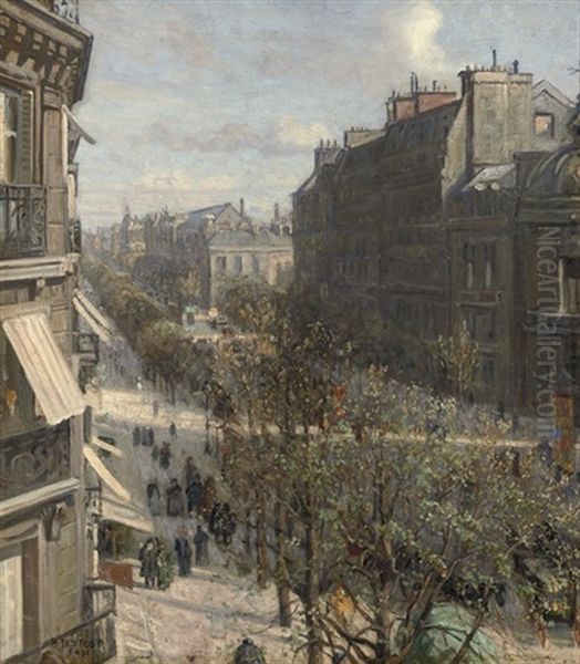 A Busy Sunlit Boulevard In Paris Oil Painting by Borge Christoffer Nyrop