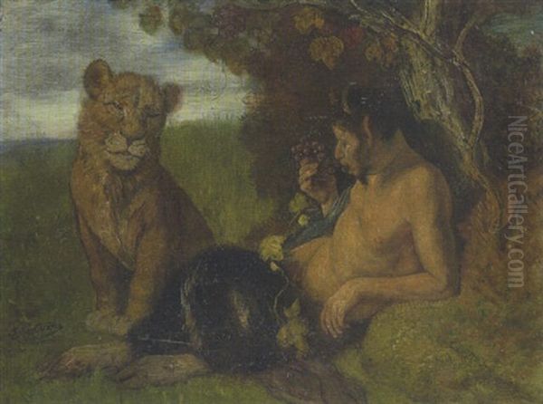 Faun Und Lowin Oil Painting by Adolf Oberlander