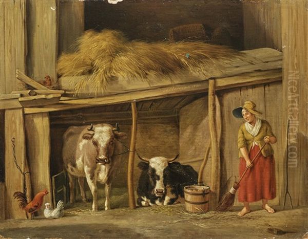 Farmers Wife With Cows In The Barn Oil Painting by Anthony Oberman