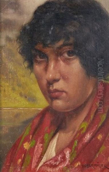 Portrait De Femme Au Chale Rouge Oil Painting by Franz Obermueller