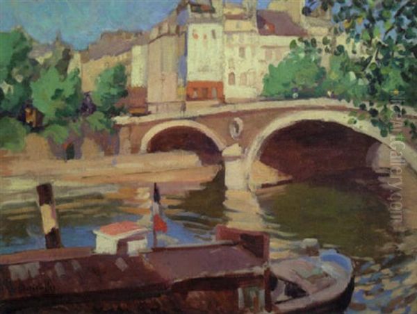 Pont Et Peniches, Paris Oil Painting by George Oberteuffer