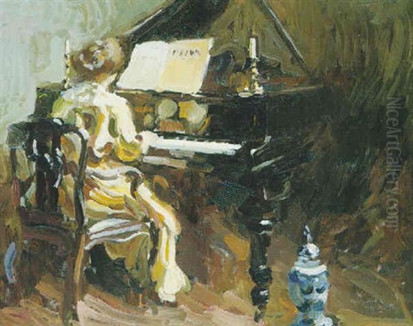 Woman At The Piano Oil Painting by George Oberteuffer