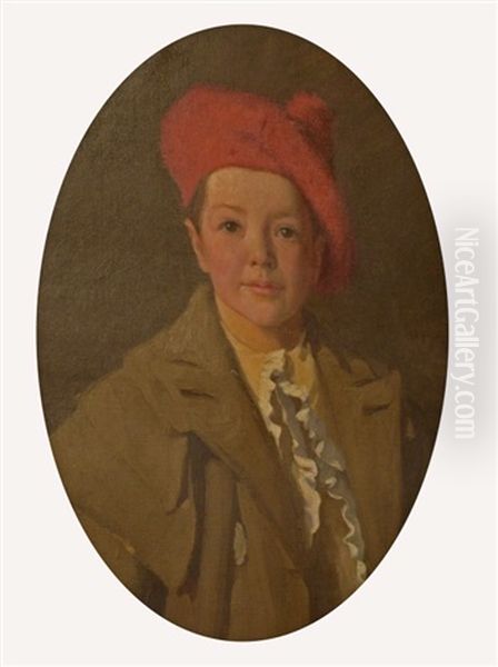 Portrait Of A Young Boy With Red Tam Oil Painting by Dermod William O'Brien