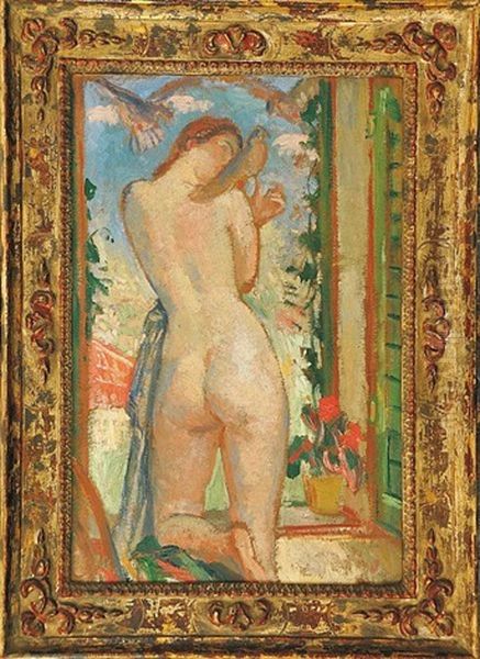 Girls Nude In Window Oil Painting by Jakub Obrovsky