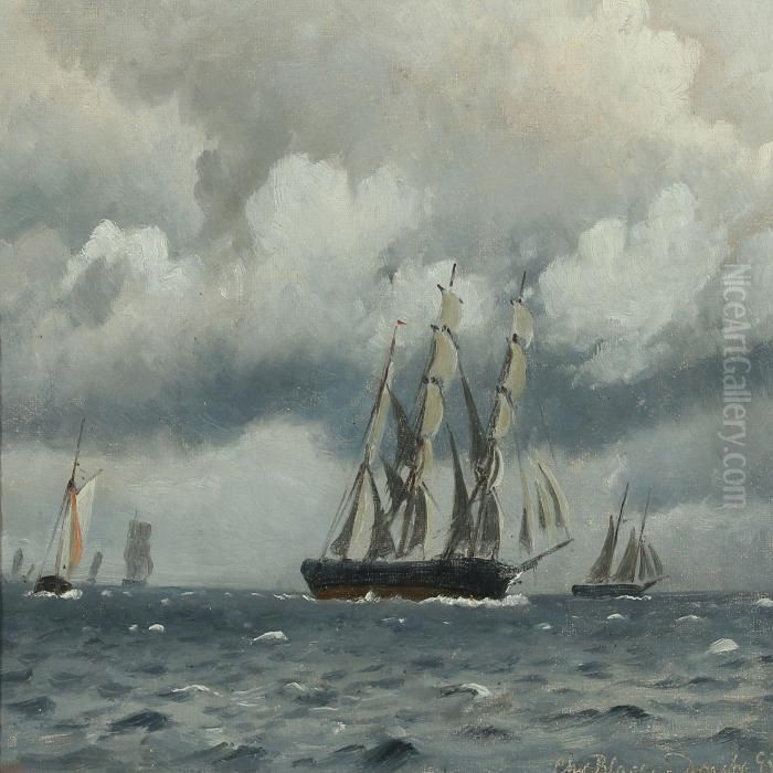 Skibe Under Optraekkende Uvejr Oil Painting by Christian Vigilius Blache