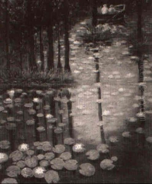 Boaters On A Pond Oil Painting by Leonard Ochtman