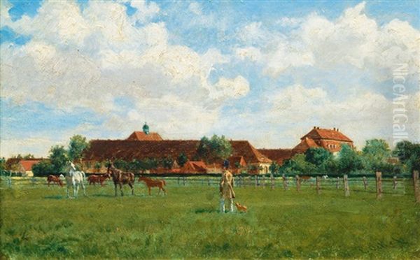 Stud Farm In Graditz And Its Owner Oil Painting by Eduard Ockel