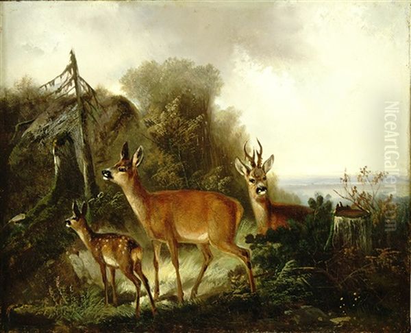 Rotwild Auf Einer Waldlichtung, Im Hintergrund Weite Ebene Landschaft Oil Painting by Carl Friedrich Ockert