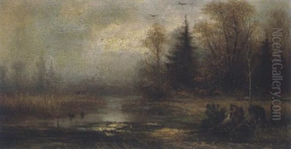 Wildenteneinfall Oil Painting by Carl Friedrich Ockert