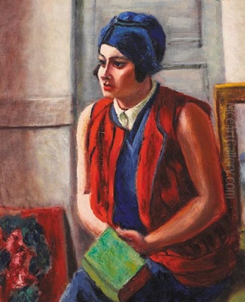Model In A Red Vest, Seated With A Book On Her Lap Oil Painting by Renee O'Conor (Honta)
