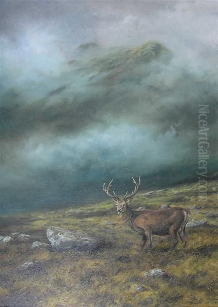 A Single Stag With A Peak Rising Above The Mist Oil Painting by Arthur John Black