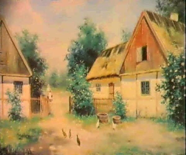 Gardsinterior Med Kvinna                                    Och Pickande Hons Oil Painting by Frans Wilhelm Odelmark