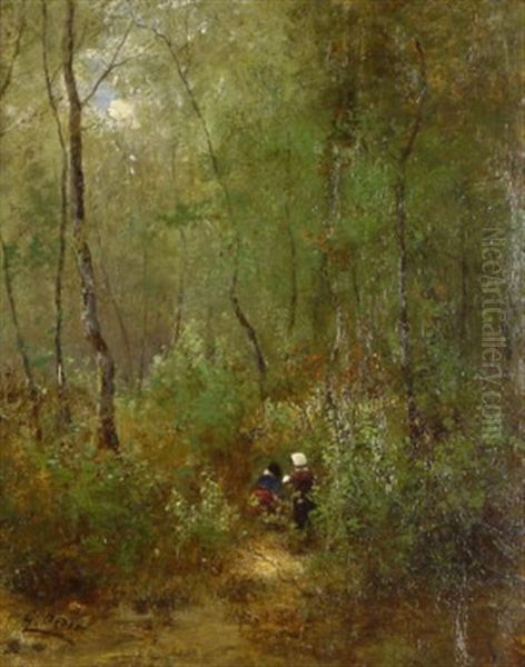 Im Tiefen Walde. Zwei Bauersfrauen Im Dickicht, Reisig Sammelnd Oil Painting by Georg Oeder