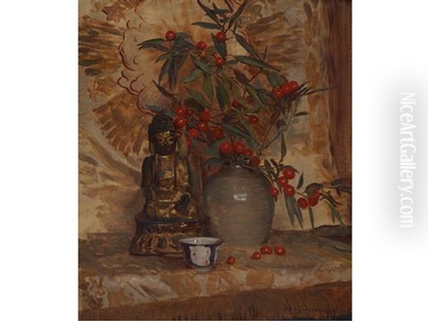 Still Life With Buddha And A Bowl Of Fruiting Hawthorn Oil Painting by Frans David Oerder