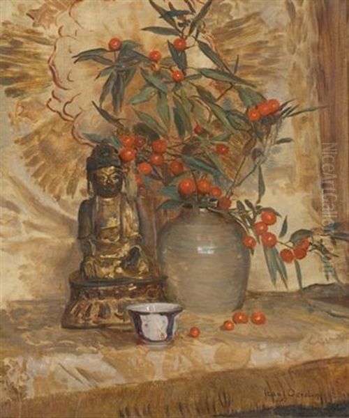 A Still Life With A Buddha And A Bowl Of Fruiting Hawthorn Oil Painting by Frans David Oerder