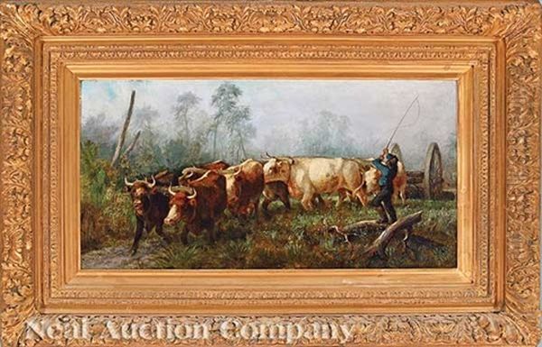 Team Of Oxen Pulling A Logging Cart (florida?) Oil Painting by Johannes Adam Simon Oertel