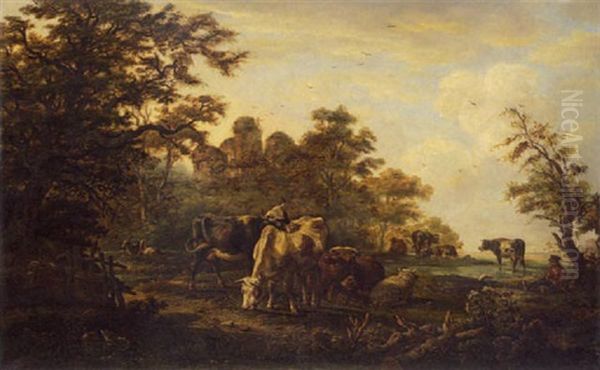 Hirtenpaar Mit Kuhen, Schafen Und Ziegen An Der Tranke Oil Painting by Anthony Jacobus Offermans