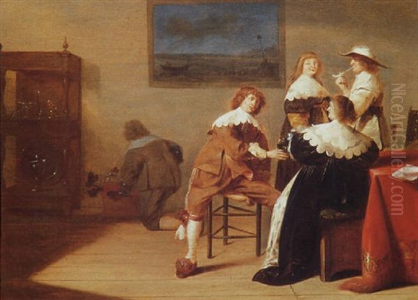 Elegant Company Drinking And Smoking In An Interior Oil Painting by Jan Olis