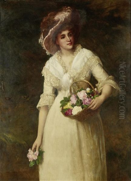 Lady With A Basket Of Roses Oil Painting by William Oliver the Younger