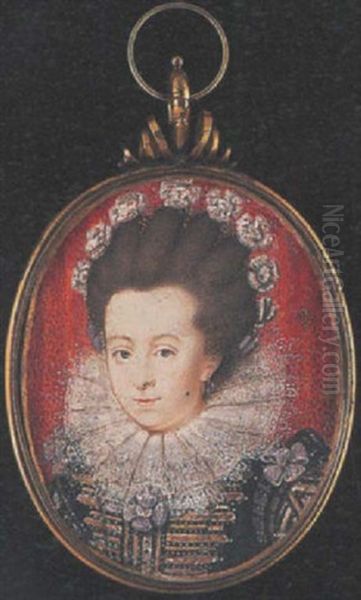 A Noblewoman (mrs. Holland?) Wearing Black Dress, The Front Panel With Gold And Silver Braid And Silver Rosette, White Lace Ruff And Gold Hoop Earring Oil Painting by Isaac Oliver