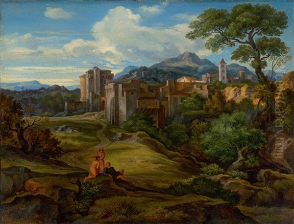 Landscape In The Campagna With A Fortified City Oil Painting by Johann Heinrich Ferdinand Olivier