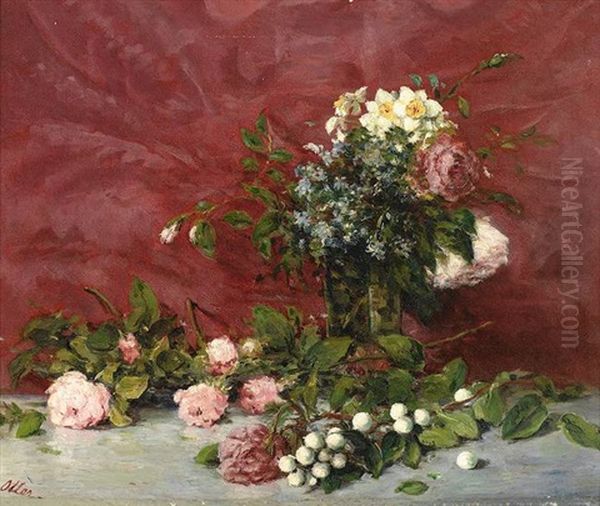 Blumenstilleben Mit Rosen, Narzissen Etc. Vor Rotem Tapetenhintergrund Oil Painting by Francisco Manuel Oller