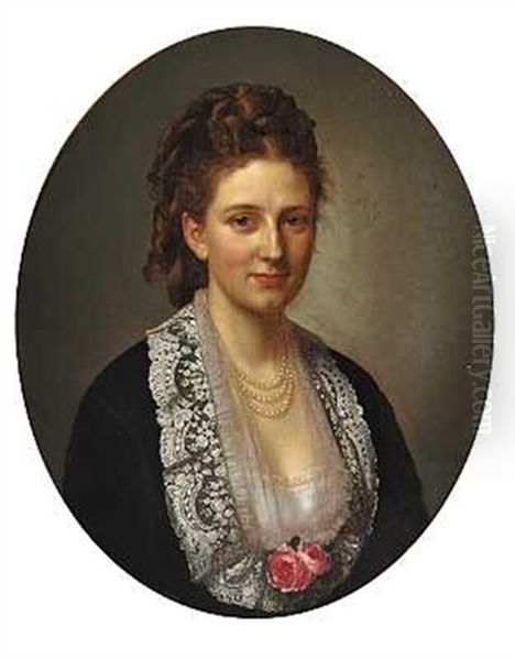 Portraet Af Caroline Charlotte Suhr I Mork Kjole Med Blondekrave Og Lyserode Roser Ved Udskaeringen Oil Painting by Henrik Olrik