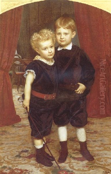 Brodre. Portraetgruppe Af Kammerjunker R.f. Krags Sonner Oil Painting by Henrik Olrik